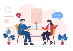 reunião de entrevista de emprego, candidato e gerente de RH. ideia de emprego e contratação, homem de negócios ou mulher à mesa, ilustração vetorial para conversa, carreira, conceito de recursos humanos vetor