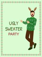 festa de camisola feia. conceito de natal. homem feliz com roupas de suéter. ilustração do convite do vetor
