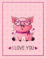dia dos namorados dia cartão com fofa kawaii porco. inscrição Eu amor você. vetor ilustração para bandeira, poster, cartão, cartão postal.