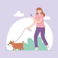 menina segurando um telefone com cachorro ambulante vetor