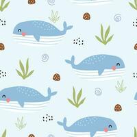 baleia padrão sem costura de berçário no design desenhado à mão do mar em estilo de desenho animado para têxteis, estampas, papéis de parede, ilustração vetorial vetor