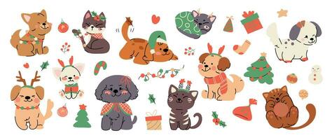 alegre Natal e feliz Novo ano conceito fundo vetor. coleção desenhando do fofa gato e cachorro com decorativo lenço, fita, chapéu. Projeto adequado para bandeira, convite, cartão, bandeira, cobrir. vetor