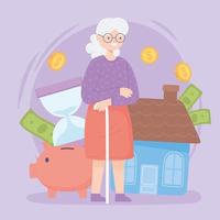 mulher velha e poupança para aposentadoria vetor