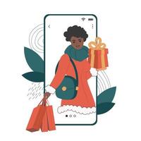 mulher afro-americana com caixa de presente presente na tela do smartphone. ilustrações planas de vetor com garota anunciando mercados de natal e vendas no aplicativo móvel.