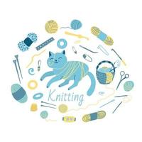 Conjunto de ferramentas de tricô com um gato fofo vetor