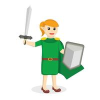 duende mulher segurando espada e escudo Projeto personagem em branco fundo vetor