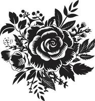 caprichoso ramalhete montagem decorativo Preto ícone encantado flor fusão Preto floral emblema Projeto vetor