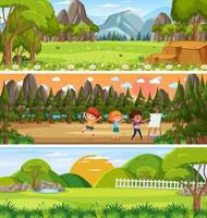 paisagem panorâmica da natureza com personagem de desenho animado vetor