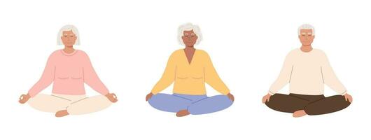 conjunto do moderno idosos fêmea e masculino com cruzado pernas fechadas olhos meditando. Senior velho era mulher e homem praticando ioga, meditação, respiração espiritual prática. isolado vetor ilustração.