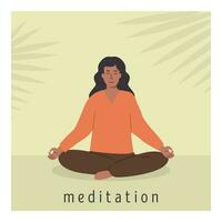 quadrado poster com jovem fêmea meditando em lótus flor e fazendo ioga respiração exercício. mulher praticando pranayama. cartão com capturar meditação. plano estilo vetor ilustração.