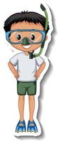 menino usando máscara de mergulho com adesivo de personagem de desenho animado vetor