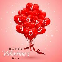 Eu amor você, feliz dia dos namorados dia fundo, vermelho balão dentro Formato do coração com arco e fita. vetor ilustração