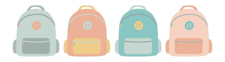 conjunto escola mochila, esporte, estude e viagem saco dentro pastel cores. plano vetor ilustração isolado em branco fundo. Faculdade acessório, moda conceito. Projeto coleção para cartão, poster, bandeira