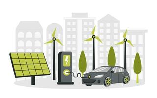 elétrico carro perto cobrando estação. verde energia. inteligente grade. renovável. conceito com moinhos de vento e solar energia painéis. vetor
