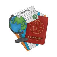Passaporte livro, bilhete, Passaporte Eu iria cartão com localização dentro globo ilustração vetor