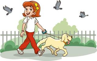 menina caminhando com uma cachorro. vetor grampo arte ilustração com simples gradientes. todos dentro uma solteiro camada.