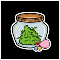 bolha Chiclete sabor com desenho animado mascote do erva daninha broto em jar. para adesivo e rótulo. vetor