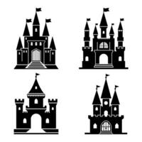 Preto castelo ícone definir. reino torres fantasia gótico arquitetura edifícios silhueta coleção. medieval fortaleza Palácio. real velho antigo Magia castelos. vetor ilustração