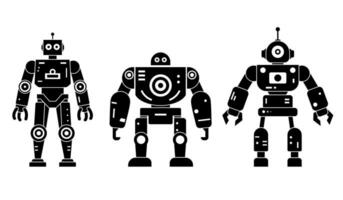 robôs conjunto feliz engraçado Preto ícones. máquina tecnologia cyborg silhueta. futurista humanóide personagens definir. Ciência robótico, andróide amigáveis personagem, robótico tecnologia vetor ilustração