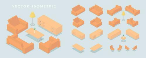 isométrico moderno vivo quarto mobília plano ilustração conjunto vetor