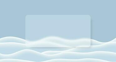 morfismo de vidro fundo bandeira com transparente vidro quadro. natural inverno fundo com quadrado embaçado vidro efeito. esvaziar bancos de neve campo. congeladas colinas vetor