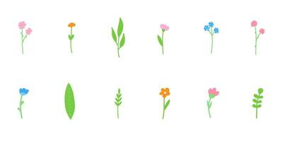 minimalista Primavera florais vetor ilustração definir. desenho animado simples flores, folhas, brunches, plantas isolado em branco fundo.