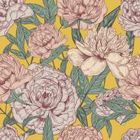 lindo detalhado peônias desatado padronizar. mão desenhado Flor flores e folhas. colorida vintage vetor ilustração em amarelo fundo.