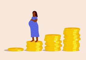 pilha do dourado moedas gostar renda gráfico e grávida mulher. redução do benefícios para grávida mulheres. família despesas conceito. econômico crise. falta do dinheiro. desemprego. vetor ilustração