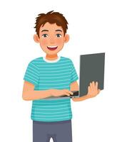 jovem homem usando computador portátil computador para trabalhando e surfar Internet vetor