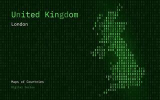 Unidos querido, ótimo Grã-Bretanha verde mapa mostrando dentro binário código padronizar. tsmc. matriz números, zero, um. mundo países vetor mapas. digital Series