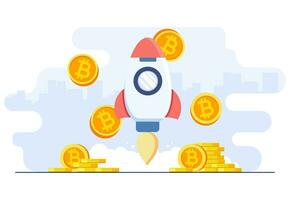 foguete com sucesso levando desligado, virtual dinheiro capitalização ascender, touro mercado conceito, crescendo bitcoin, blockchain tecnologia, criptomoeda, digital dinheiro criptomoeda negociação vetor