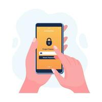 mão segurando Smartphone com conta senha Redefinir Formato página plano ilustração vetor modelo, esqueci senha ou mudança senha, conta segurança,