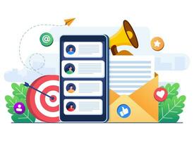 o email marketing plano ilustração vetor conceito, conectados o negócio estratégia, anúncio, o email Boletim de Notícias, Mensagens, marketing material conceito para aterrissagem página, rede bandeira, social meios de comunicação, infográfico