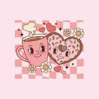 fofa retro ilustração do café copo com coração em forma rosquinha para café amantes vetor