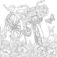 bicicleta com uma cesta do flores dentro uma floração Prado com coelhos. vetor