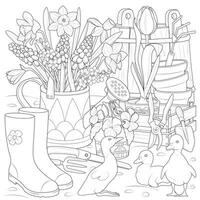 Primavera jardim com patinhos Preto e branco. arte terapia coloração página vetor