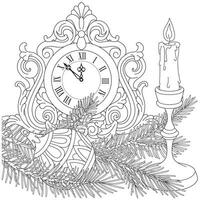 Antiguidade mesa relógio com queimando vela. inverno feriado ilustração, vetor
