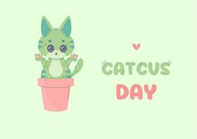 gato dia cartão engraçado catcus feriado agosto 8, kawaii vetor