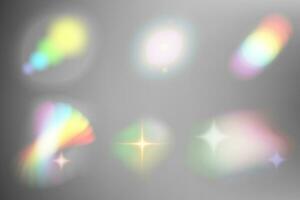 arco Iris luz prisma efeito. holograma reflexão, cristal flare vazamento sombra overlay. conjunto do vetor ilustrações do abstrato borrado iridescente luz pano de fundo.