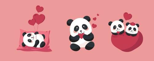 fofa panda objeto conjunto com coração para dia dos namorados dia.ilustração vetor para cartão postal, ícone, adesivo