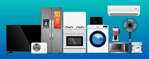 uma conjunto do família eletrodomésticos microondas forno, lavando máquina, geladeira, ventilador, tv, café, laptop, ar condicionador vetor ilustração