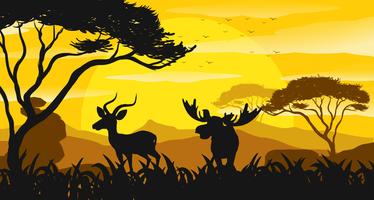 Cena de silhueta com gazela e alce ao pôr do sol vetor