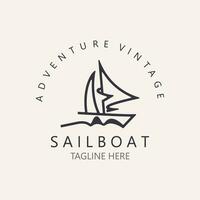 barco a vela vintage logotipo minimalista com aceno, viagem iate ou Navegando barco vetor Projeto