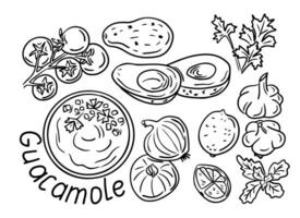 guacamole ingredientes rabisco definir. Comida ilustração. esboço contorno mão desenhado vegetais, letras e mexicanos refeição. ideal para coloração Páginas, tatuagem, padronizar vetor