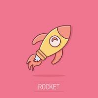 ícone de nave espacial de foguete em estilo cômico. pictograma de ilustração de desenho vetorial de nave espacial. efeito de respingo de conceito de negócio de foguete. vetor