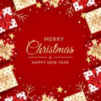 Feliz Natal e Feliz Ano Novo cartão com decoração vermelha realista vetor