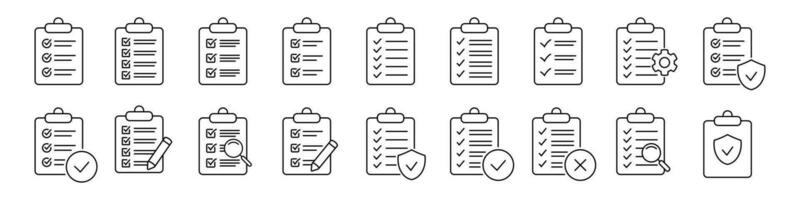 conjunto do prancheta com lista de controle ícones. prancheta linha ícone. lista de controle com engrenagem, lupa e lápis. símbolo para rede local e aplicativo Projeto. vetor ilustração.