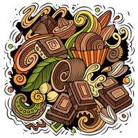 chocolate mão desenhado vetor rabiscos ilustração. Chocolate poster Projeto. doce elementos e objetos desenho animado fundo. brilhante cores engraçado cenário