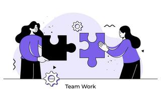 dois mulheres segurando quebra-cabeças enigma peças, trabalho em equipe conceito plano vetor ilustração, cooperação, Apoio, suporte e ajudando colegas, parceria, o negócio pessoas alcançar o negócio alvos