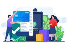 pessoas fazer conectados Forma de pagamento usando Smartphone e crédito cartão, conectados compras, comércio eletrônico, Móvel bancário, sem dinheiro pagamento, seguro transação, Internet bancário plano vetor ilustração modelo